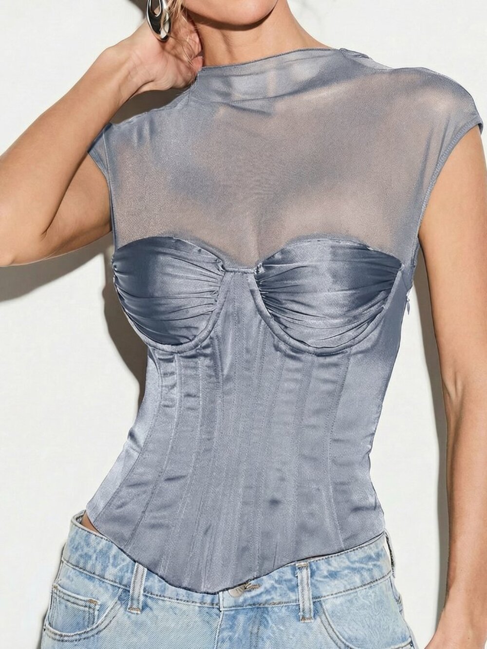 Baby Blue Casual Women's Mesh Corset Underwire Bustier Sleeveless Tank Top
